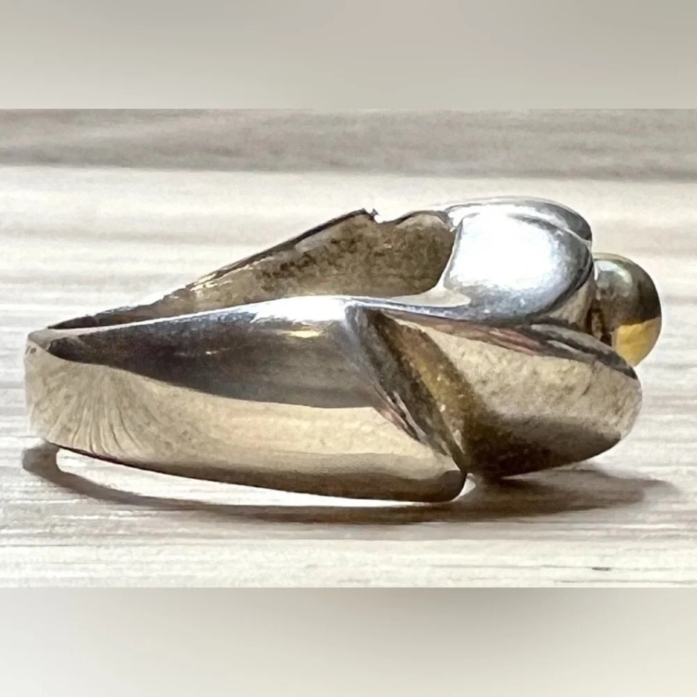 Vintage Designer Signed Sterling Silver & Yellow Gold Band Ring, Size 4.5, 10.6g